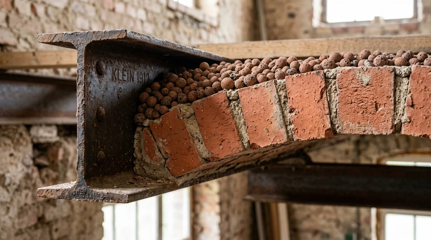 Przekrój przez strop Kleina: stalowy dwuteownik, cegła ceramiczna i lekki keramzyt