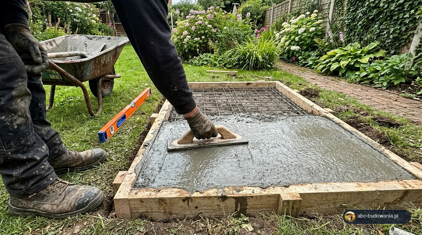 Wygładzanie wylewki betonowej listwą w drewnianym szalunku pod grill murowany