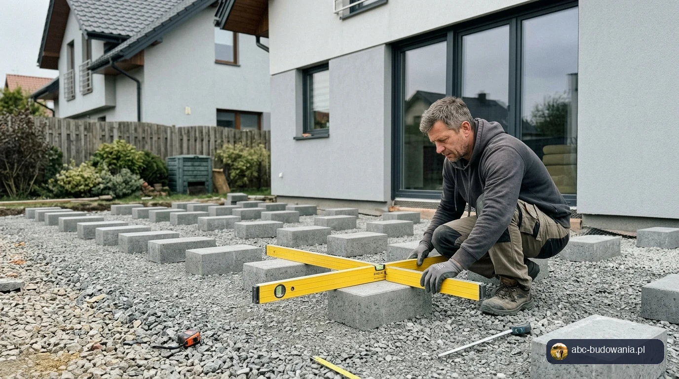 Precyzyjne układanie i poziomowanie bloczków betonowych pod legary tarasowe z użyciem poziomnicy