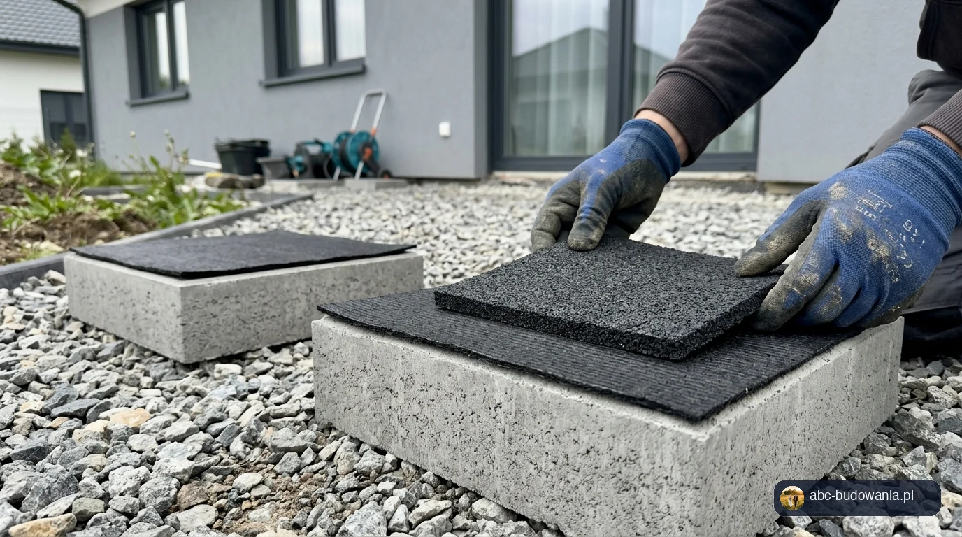 Układanie izolacji z papy podkładowej i gumowych podkładek EPDM na bloczkach fundamentowych pod legary