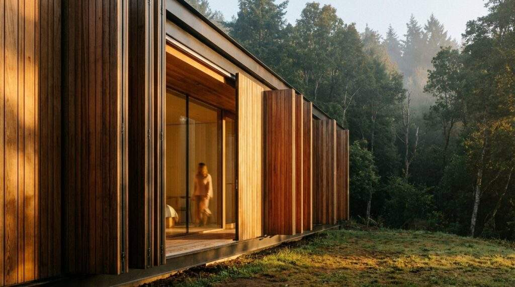 Wide hero shot of a modern sustainable villa at the edge of a lush temperate forest during the golden hour. The architecture features oversized sliding vertical cedar wood shutters that create a rhythmic pattern across the floor-to-ceiling glass facade. A soft