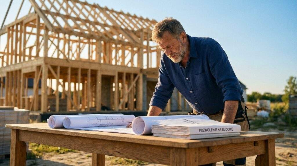 Wide-angle lifestyle shot by a National Geographic photographer. An experienced architect in a navy blue linen shirt stands over a weathered oak table at a sun-drenched construction site. He is reviewing a thick stack of official Polish "Pozwolenie na budowę" documents. The background shows the blurred skeletal frame of a modern residential building under a clear blue sky. Warm