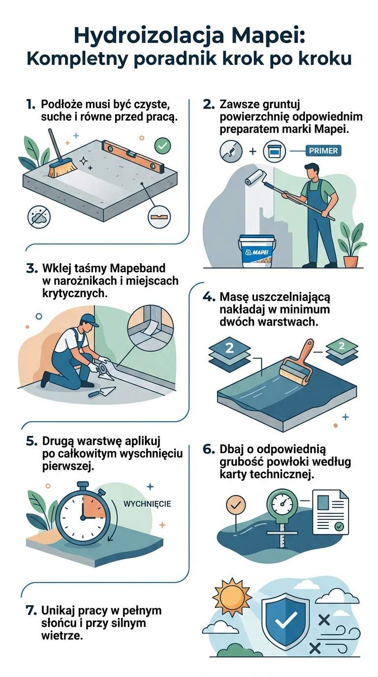 Infografika: Hydroizolacja Mapei - jak wykonać? Na co uważać