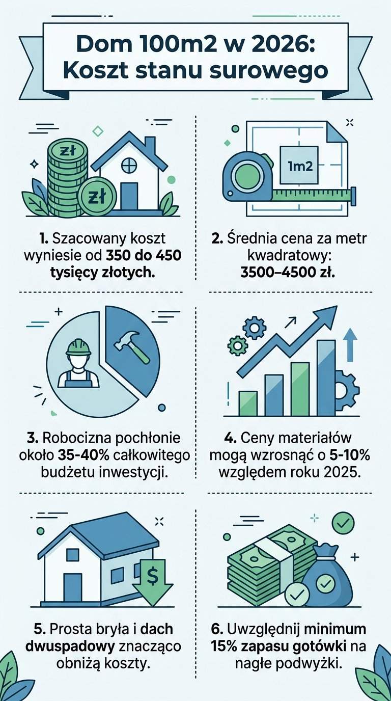 Infografika: Ile kosztuje postawienie domu w stanie surowym 100m2 w 2026?