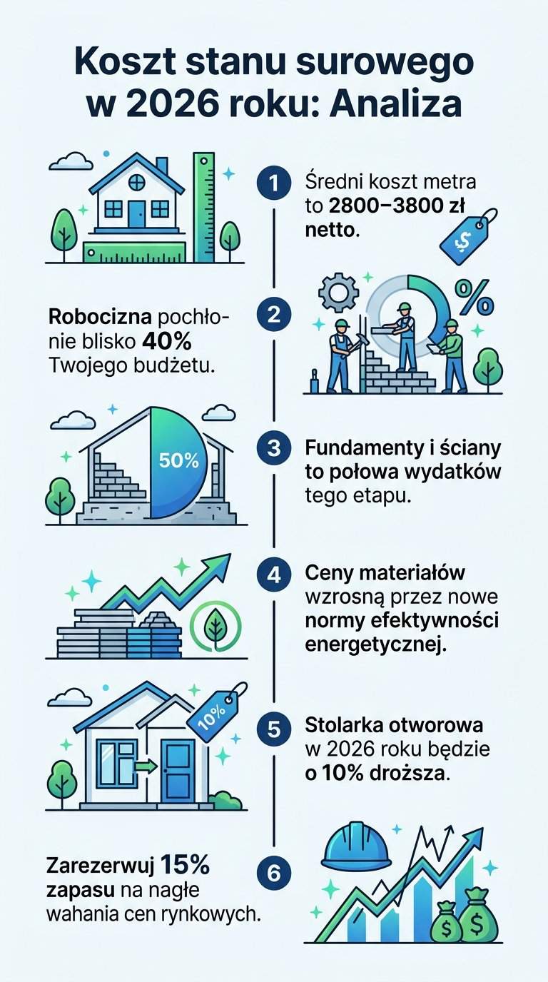 Infografika: Ile kosztuje stan surowy domu w 2026? Analiza wydatków
