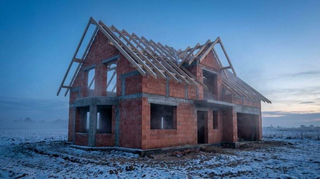 wide-angle architectural shot of a modern two-story house in a raw shell state