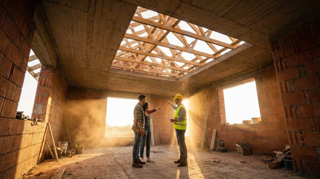 Wide-angle 24mm shot of an unfinished residential building in shell condition during the golden hour. A young couple and an architect in a reflective vest stand in the center of a spacious room with raw red brick walls and exposed concrete ceilings