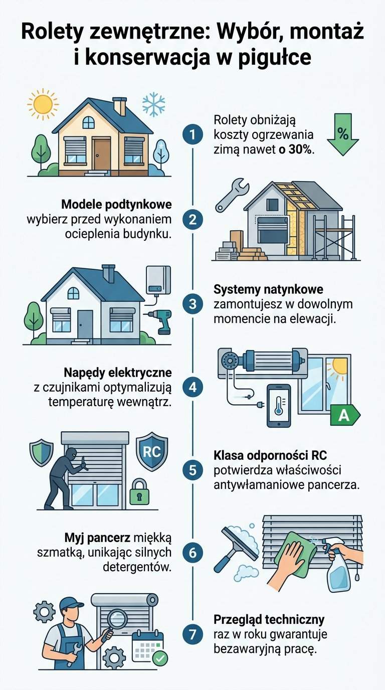 Infografika: Rolety zewnętrzne: Kompletny przewodnik po wyborze, montażu i konserwacji systemów osłonowych