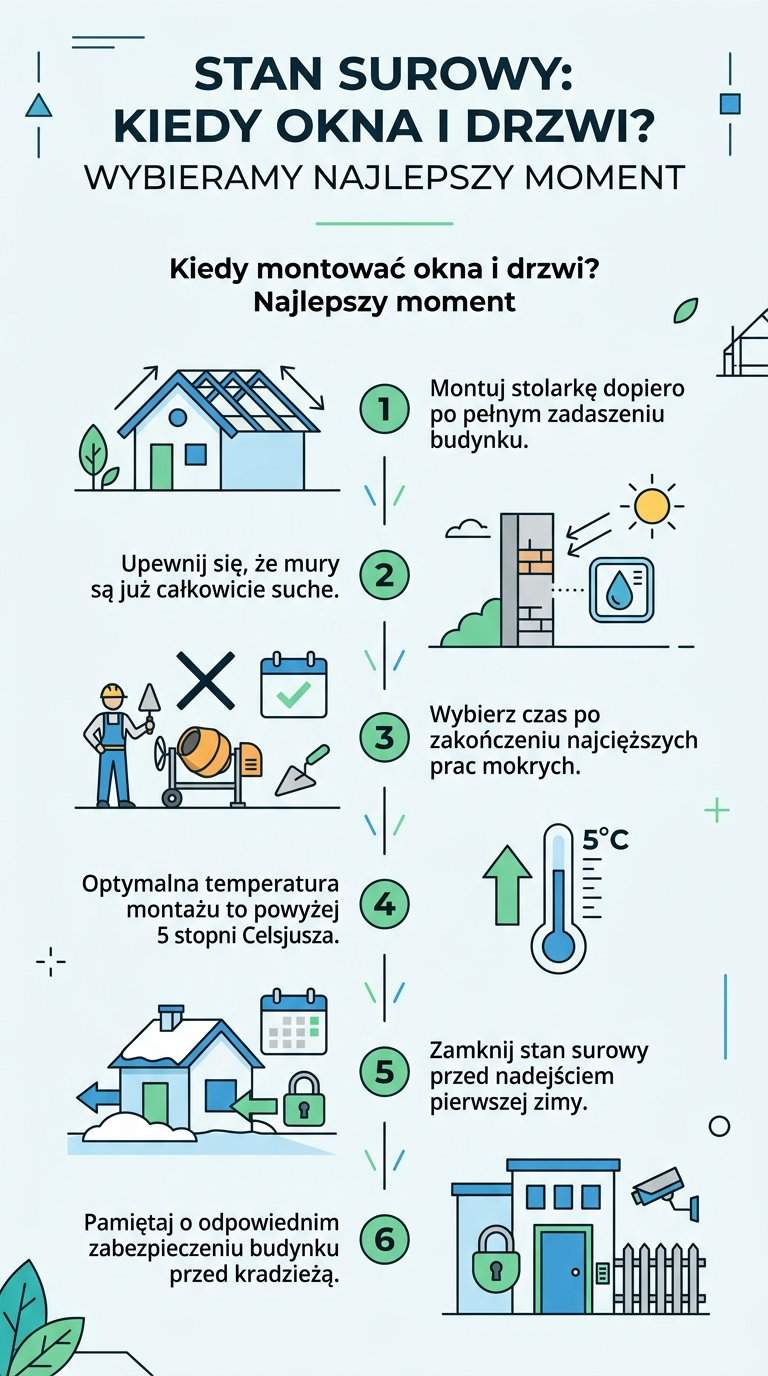 Infografika: Stan surowy kiedy okna i drzwi? Wybieramy najlepszy moment