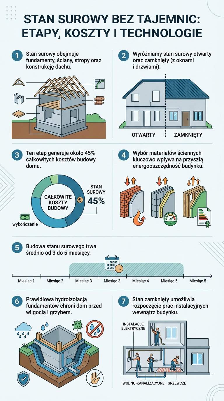 Infografika: Stan surowy w budownictwie: kompleksowy przewodnik po etapach, kosztach i technologiach