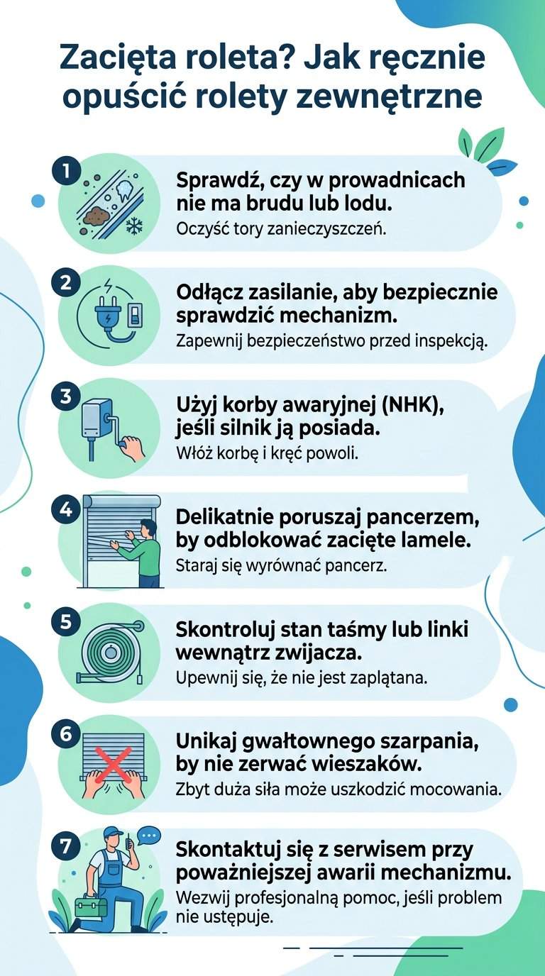 Infografika: Zacięta roleta? Sprawdź jak opuścić rolety zewnętrzne ręcznie
